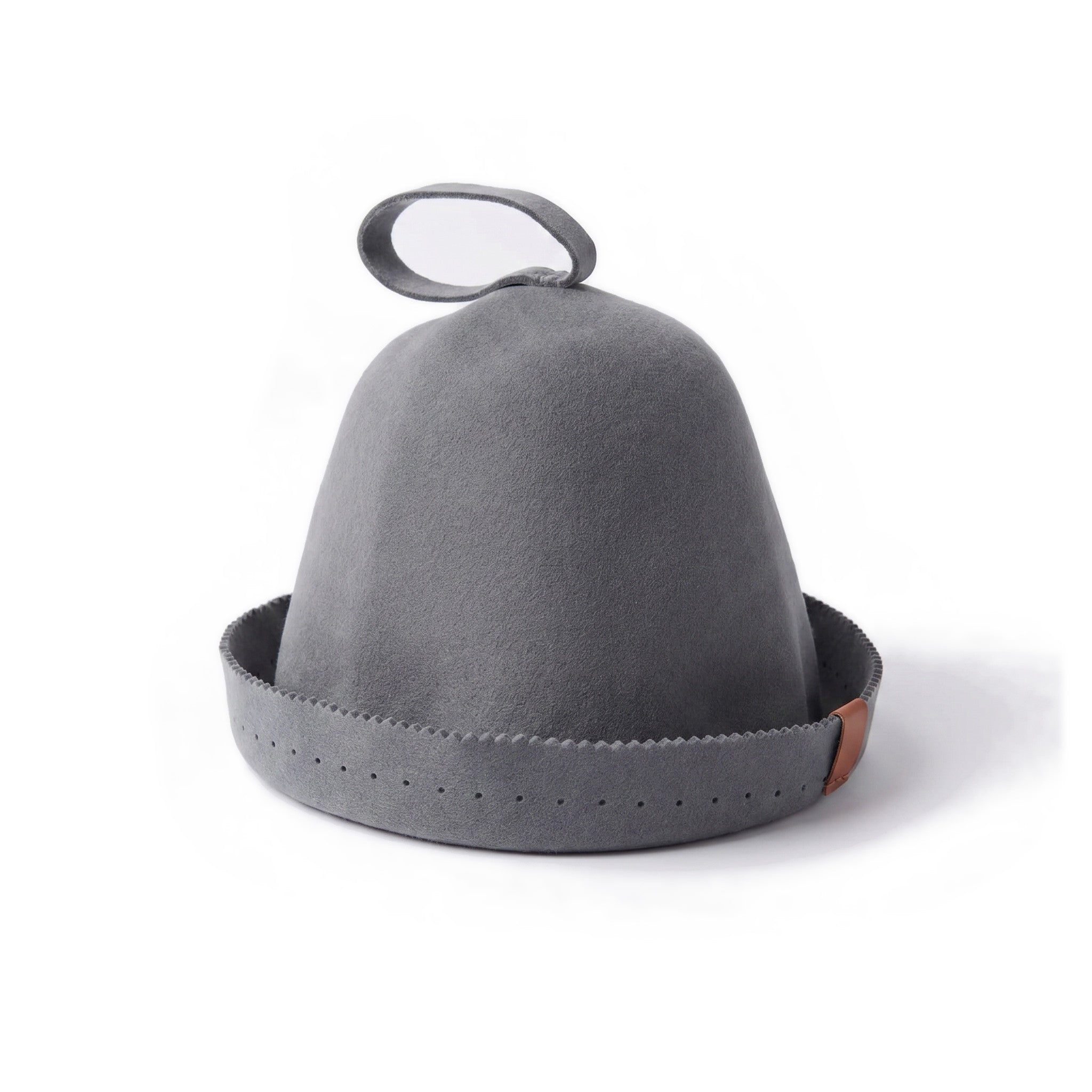 Gray merino wool sauna hat with its pinked brim rolled up for a smaller fit, on white