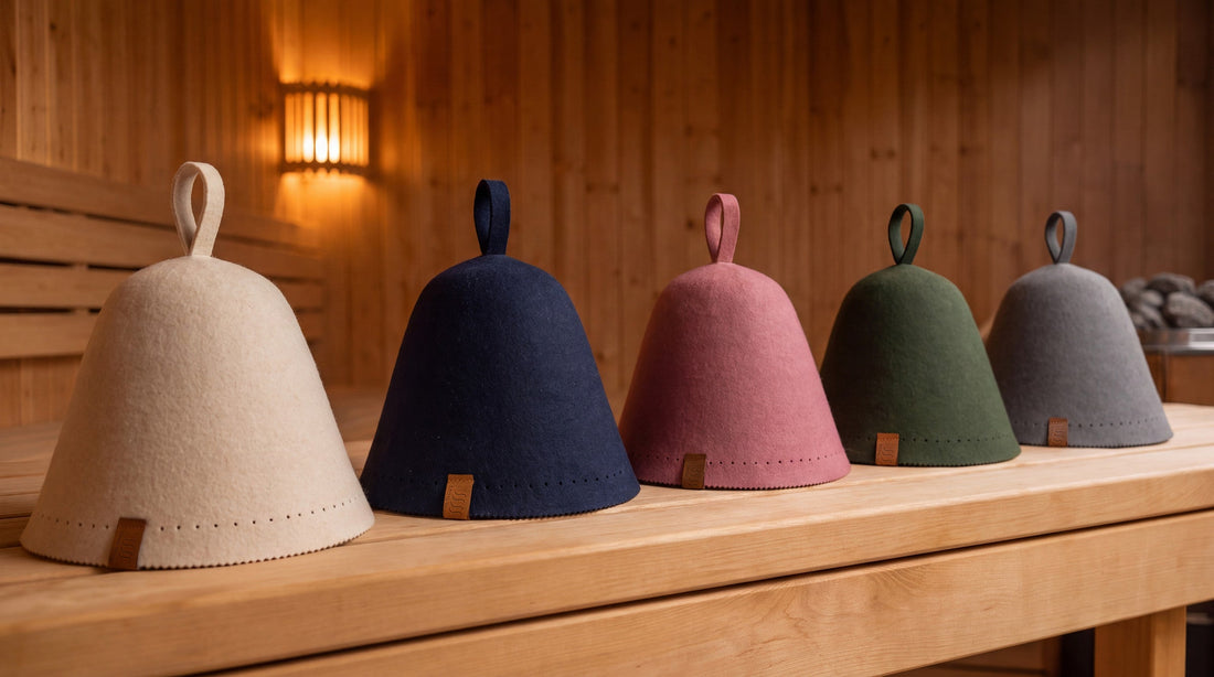 Five Lanoviss merino wool sauna hats lined up on a cedar bench in a warmly lit sauna