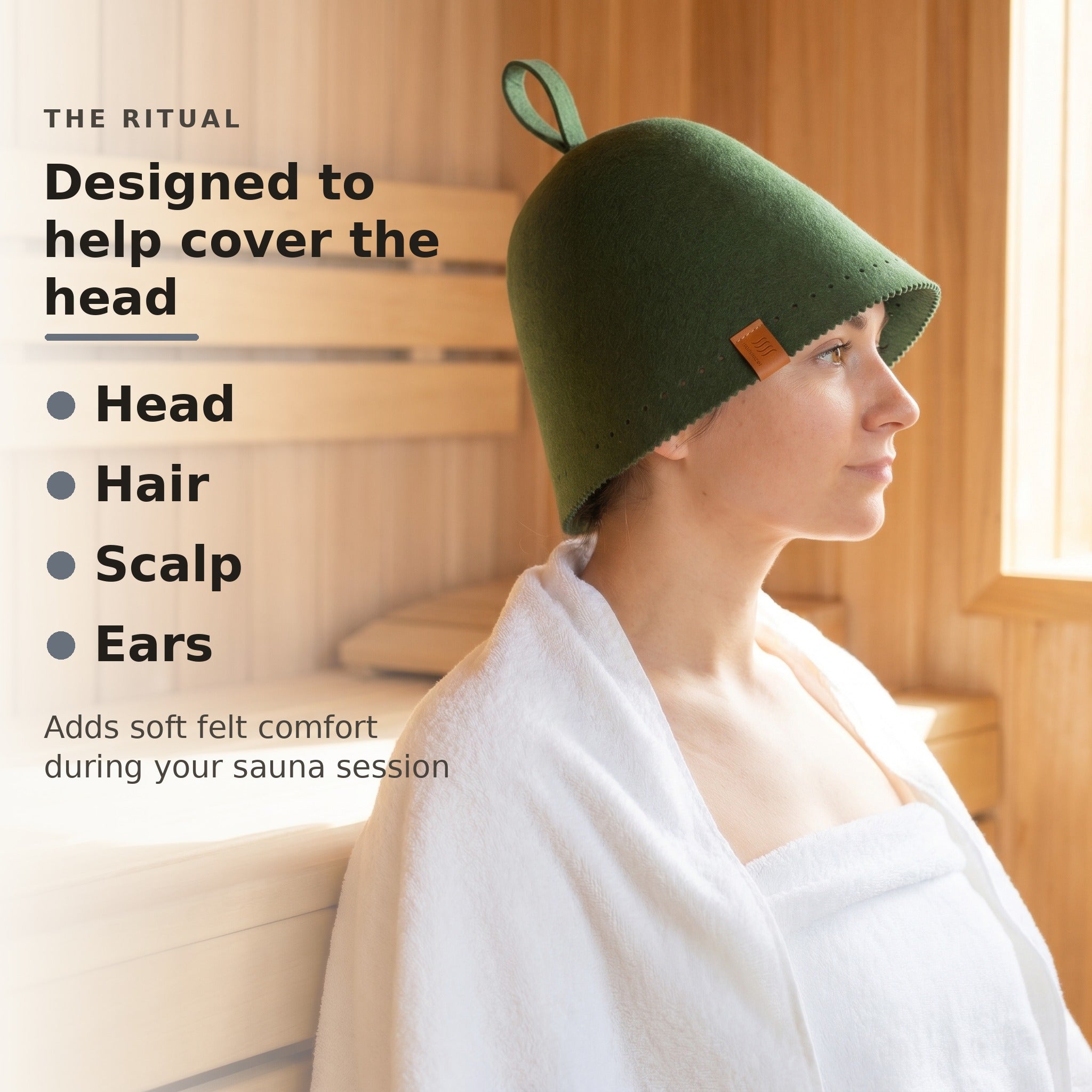 Forest green hat graphic listing head, hair, scalp and ear coverage during a sauna