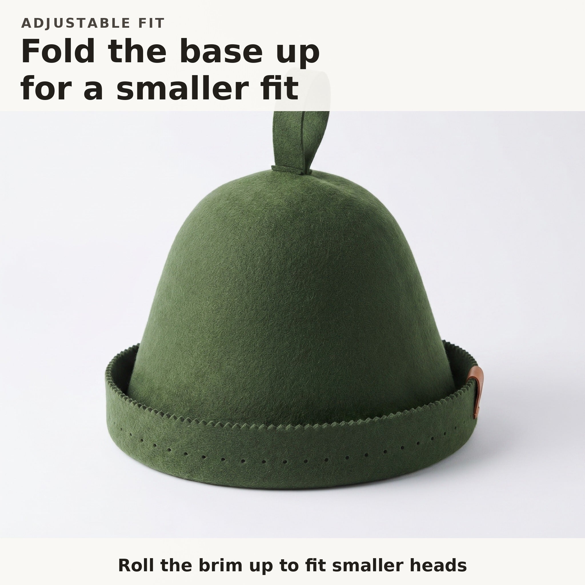 Forest green sauna hat with the base folded up for a smaller fit, on a light background