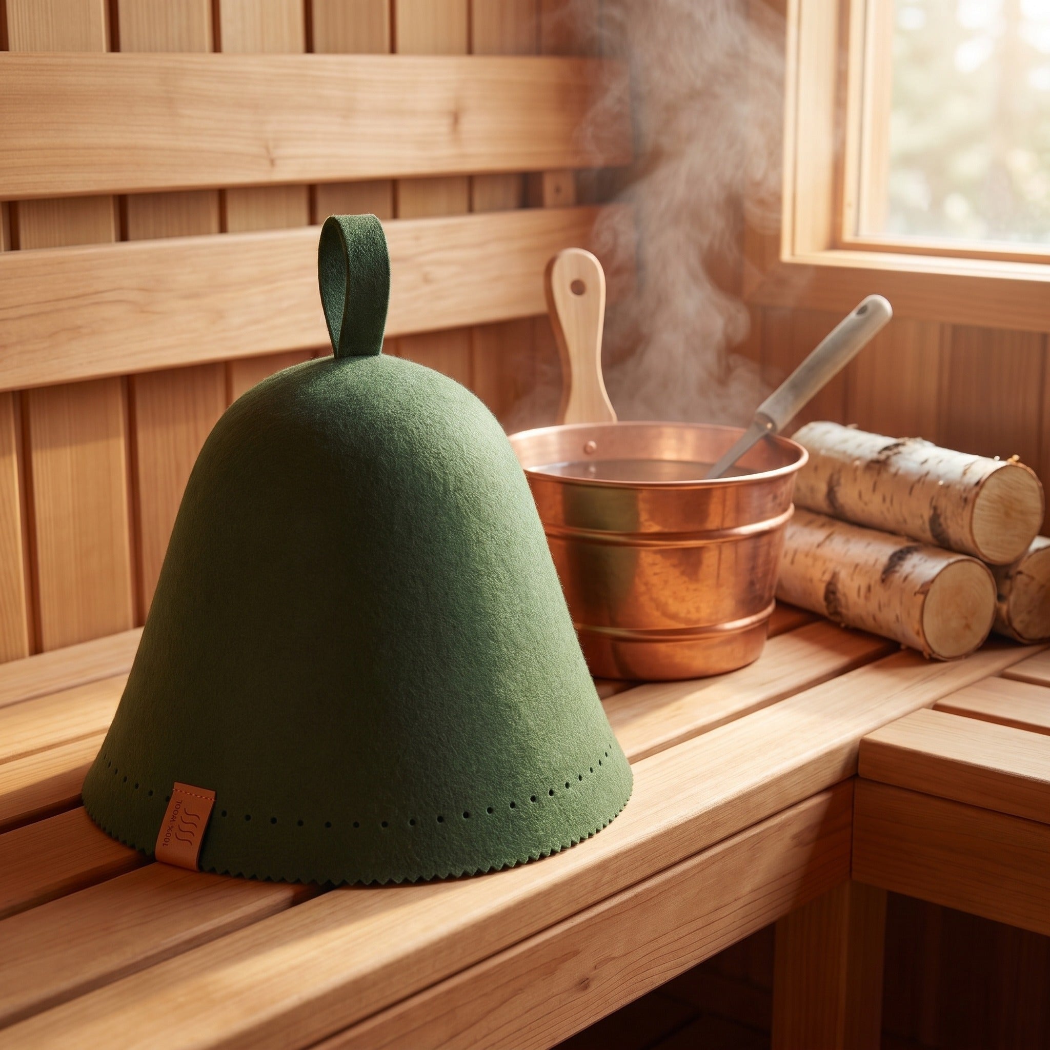 Forest green sauna hat on a cedar bench with a copper bucket, ladle and rising steam