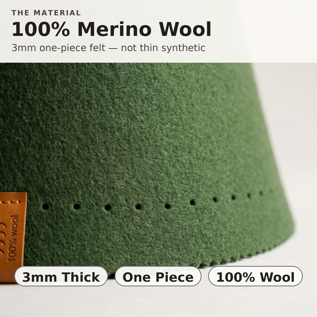 Forest green hat material graphic showing 3 mm thick one-piece 100% merino wool felt