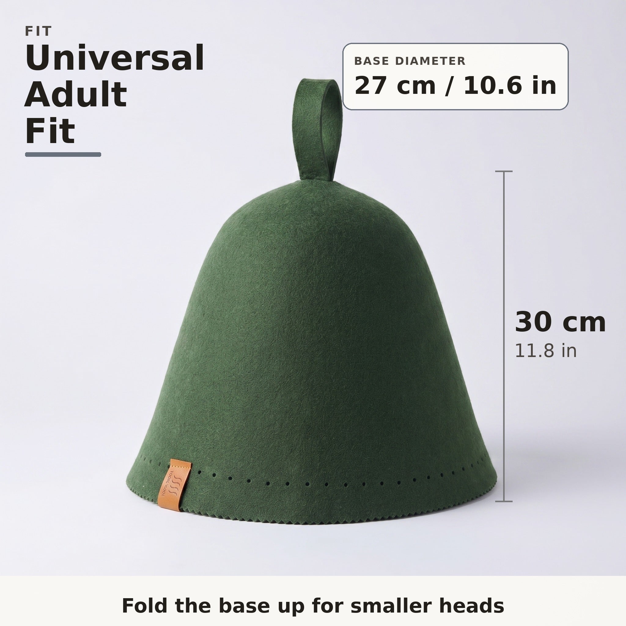 Forest green sauna hat size chart with dimension lines for 27 cm and 30 cm