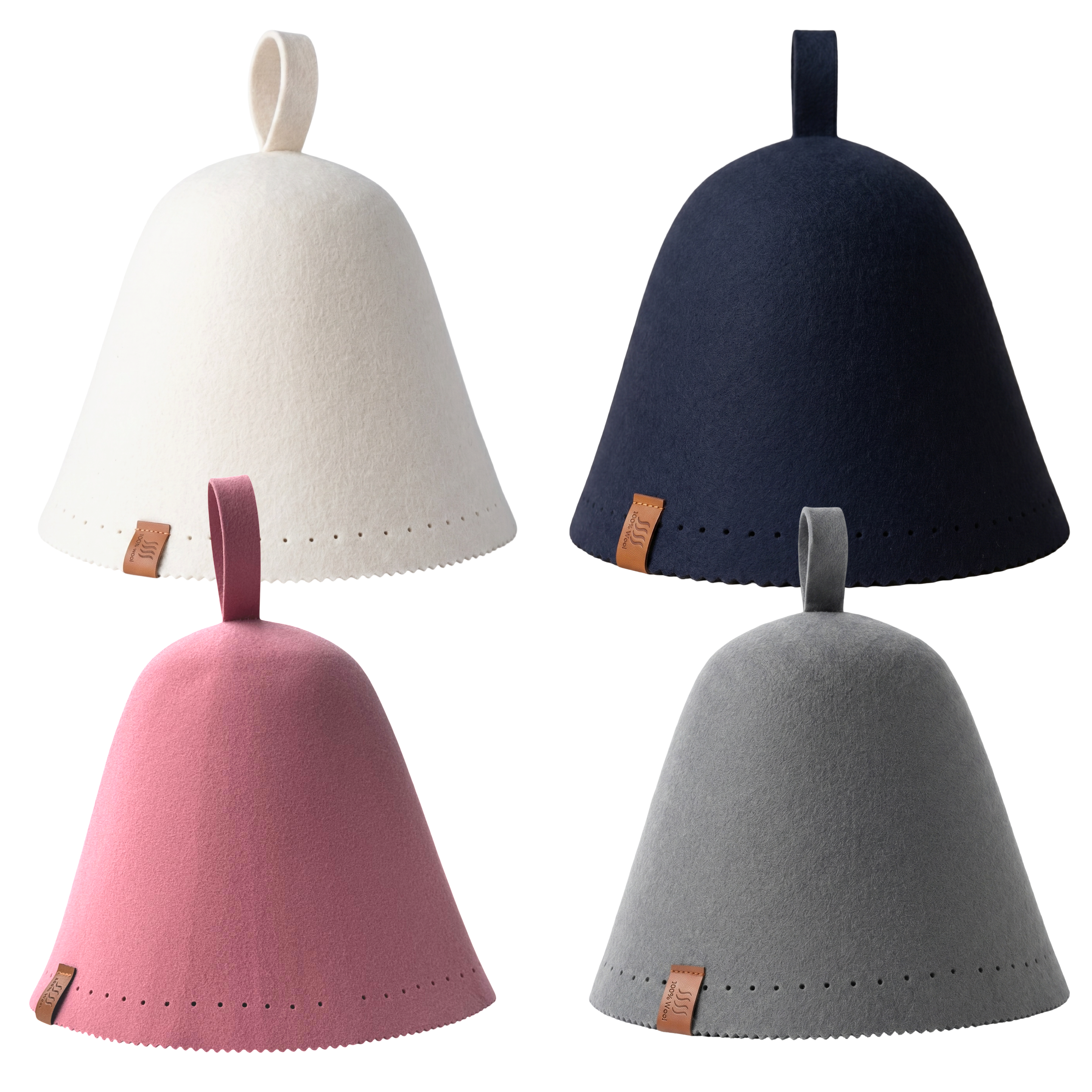 Four merino wool sauna hats in a grid: cream and navy above, pink and gray below