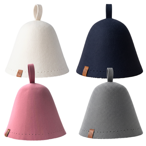 Four merino wool sauna hats in a grid: cream and navy above, pink and gray below