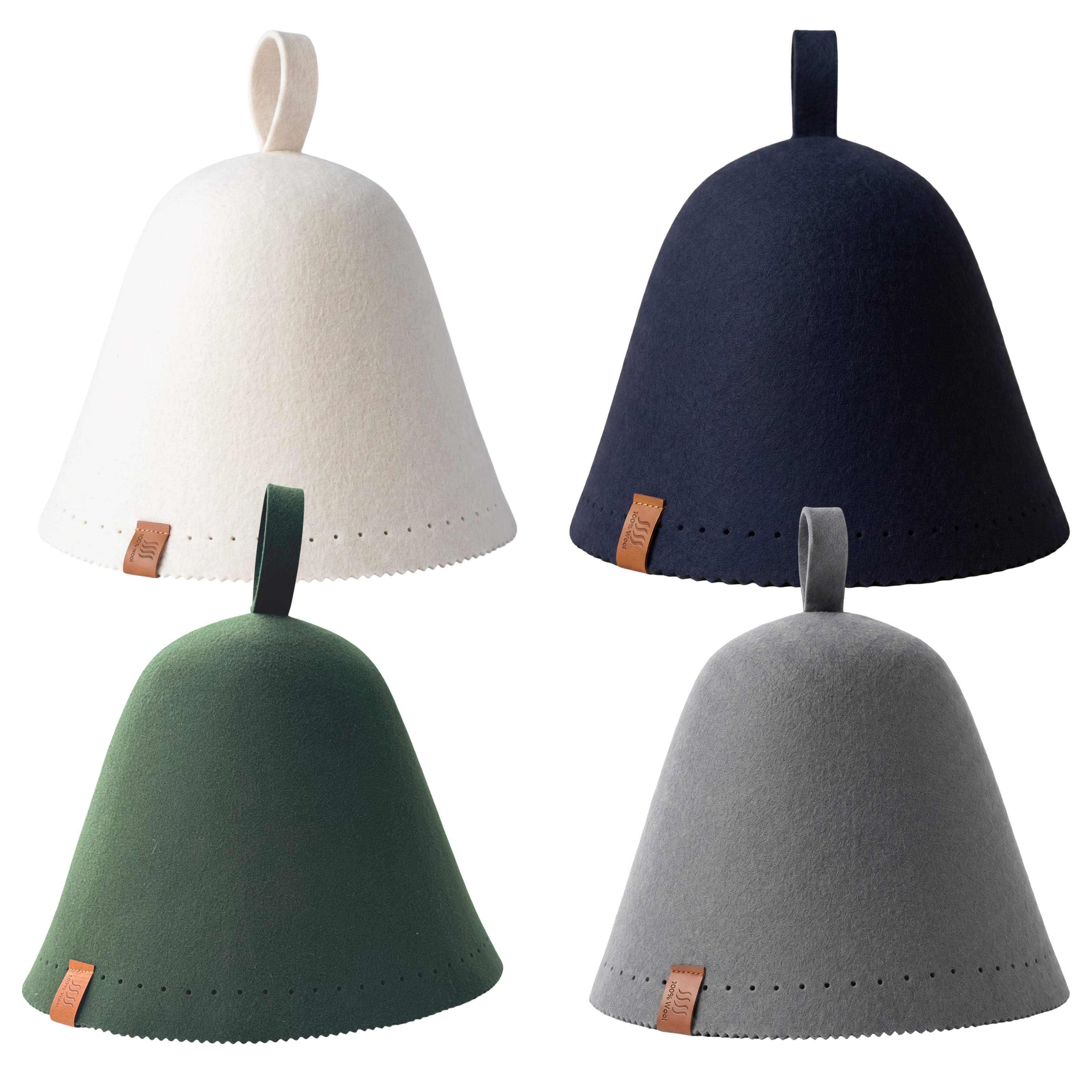 Grid of four sauna hats: cream and navy on top, forest green and gray underneath