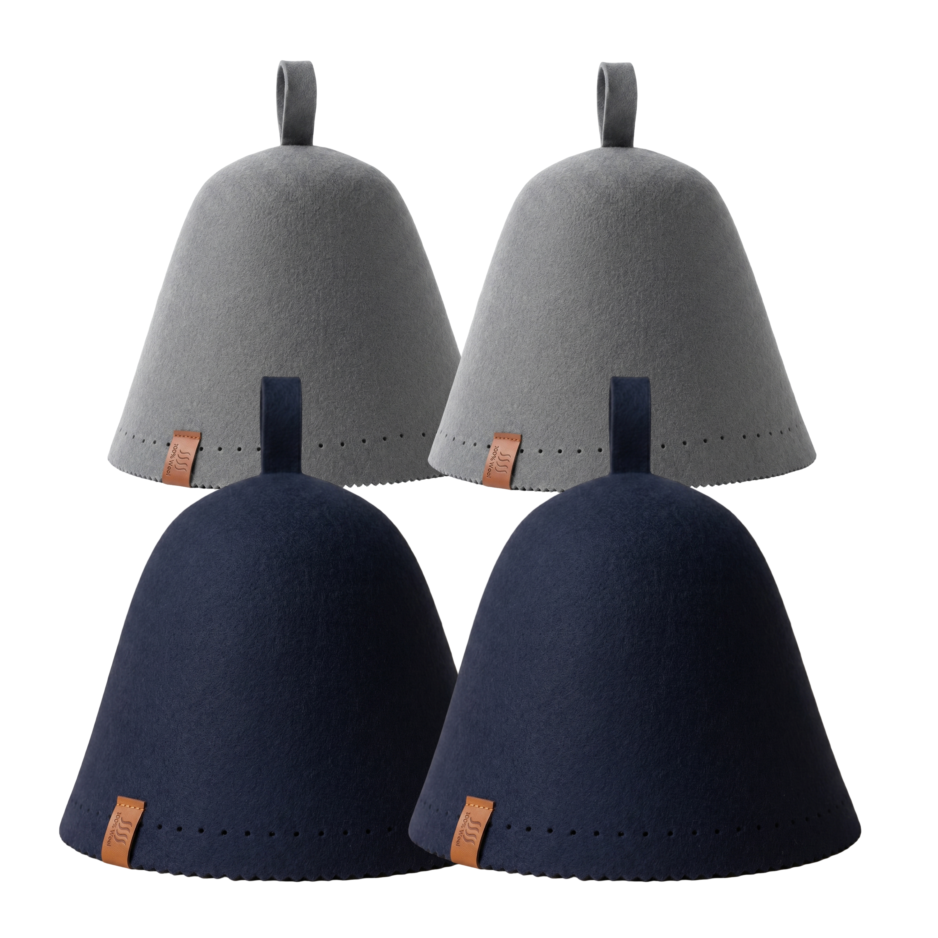 Four sauna hats in a grid, two gray above two navy, showing the felt from several angles