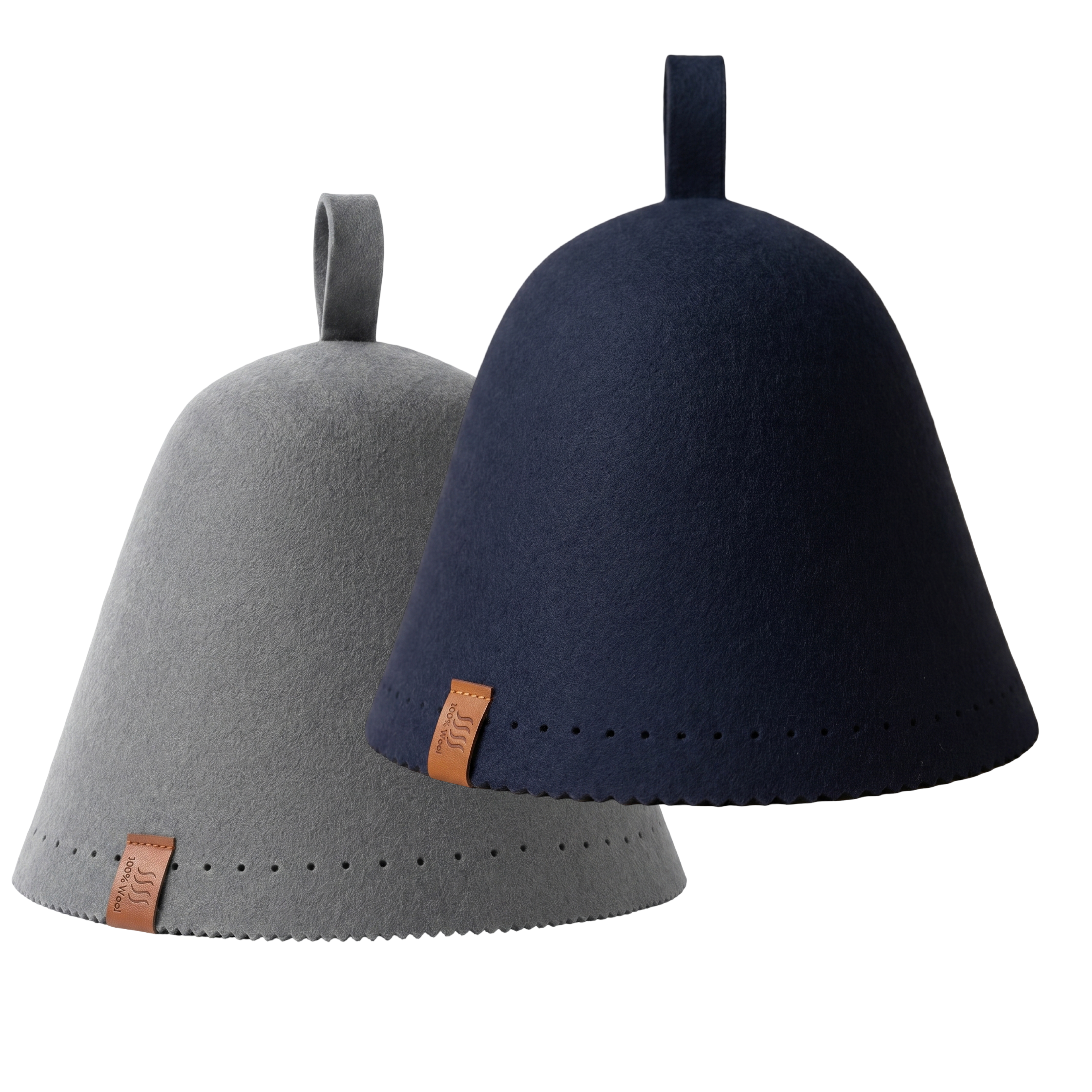 A gray and a navy merino wool sauna hat side by side on a plain background