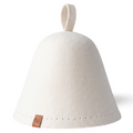 Cutout of a cream merino wool sauna hat isolated on a plain white background