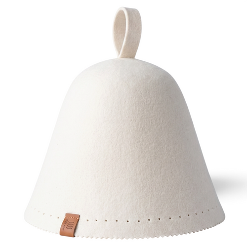 Cutout of a cream merino wool sauna hat isolated on a plain white background