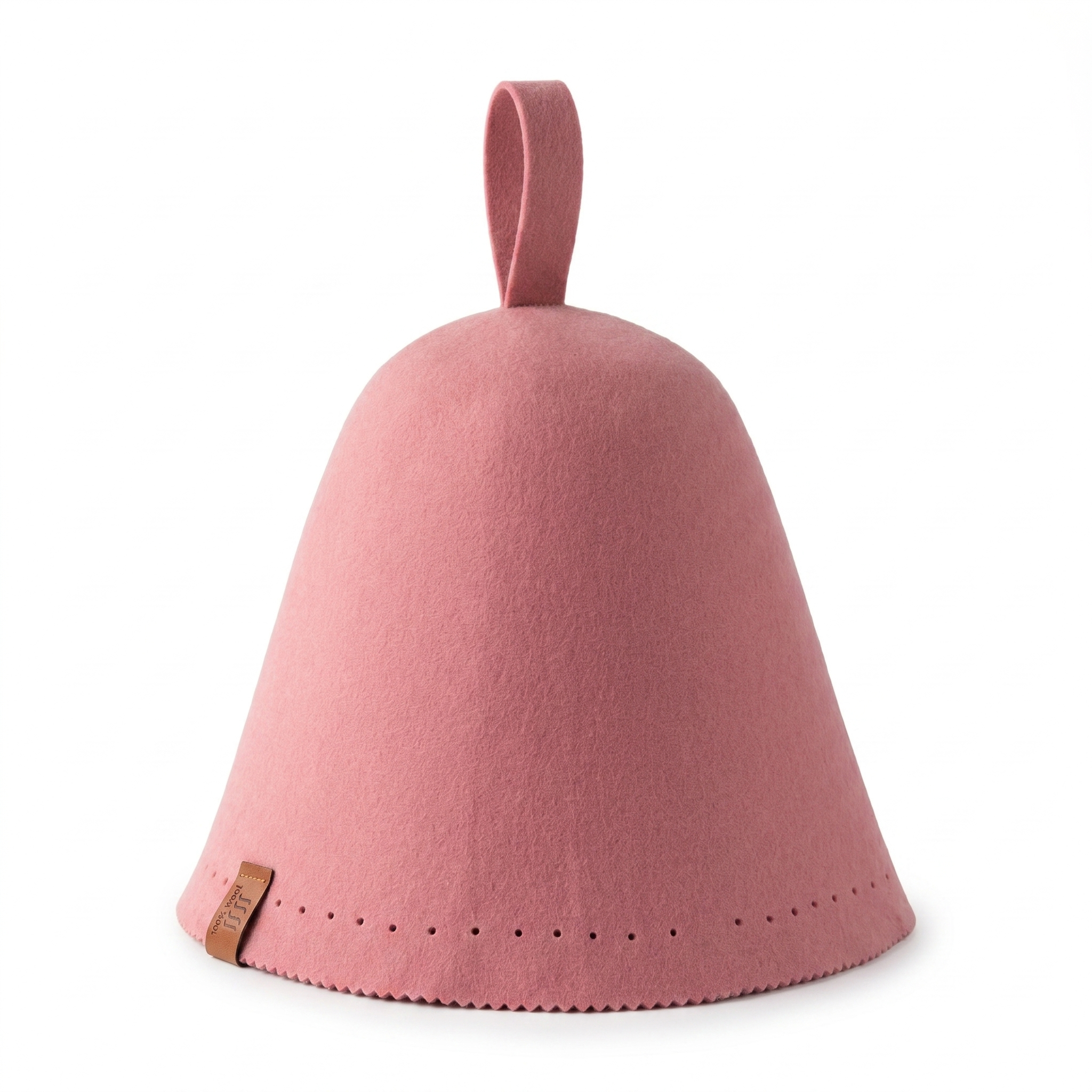 Pink merino wool sauna hat photographed alone on a pale, evenly lit background