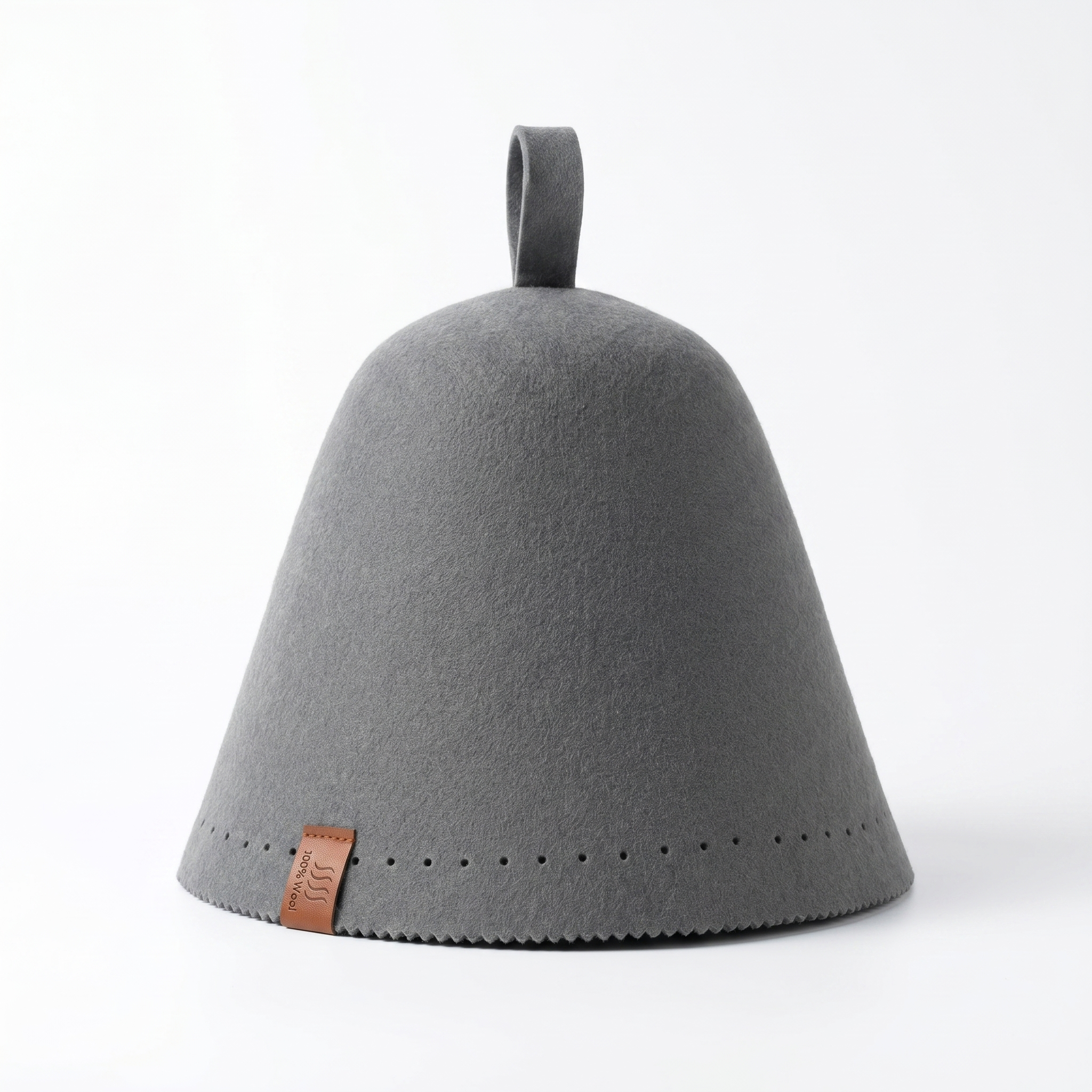 Grey merino wool sauna hat rendered on a soft light background, front three-quarter view
