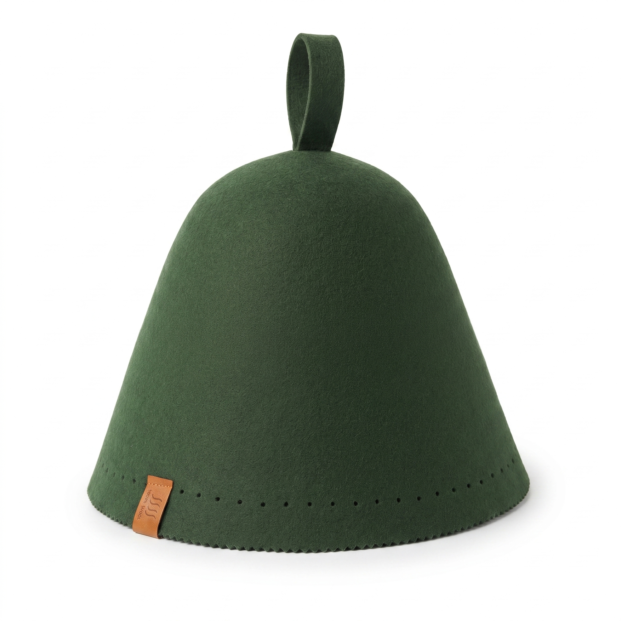 Forest green merino wool sauna hat alone on a light background, brim and loop visible