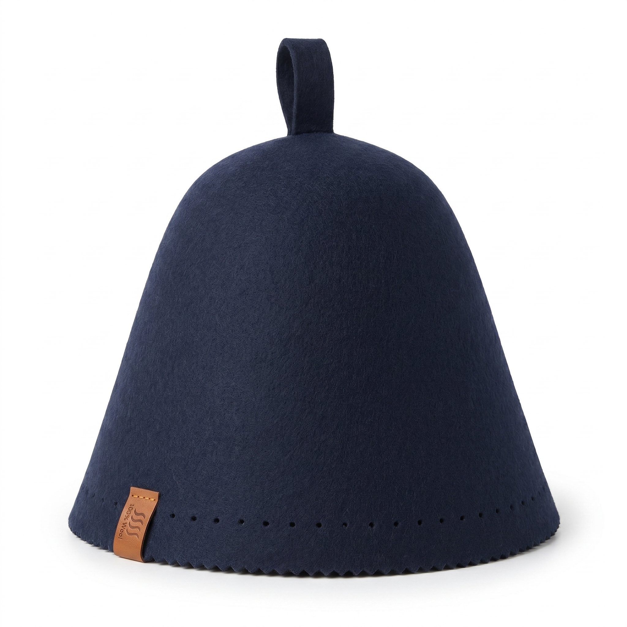 Navy merino wool sauna hat alone on a light background, pinked brim facing the camera